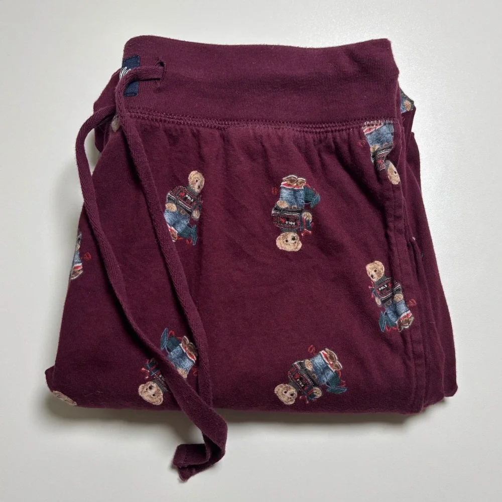 Polo Ralph Lauren Polo‎ Bear Pajama Sleep Pants Joggers Sz Small Burgundy Maroon